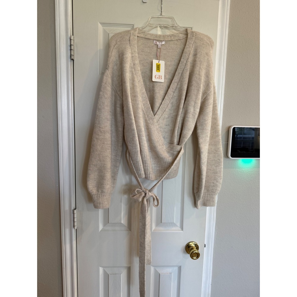 GB Gianni Bini Oatmeal Heather Wrap Sweater Balloon Sleeve Tie Waist NWT L